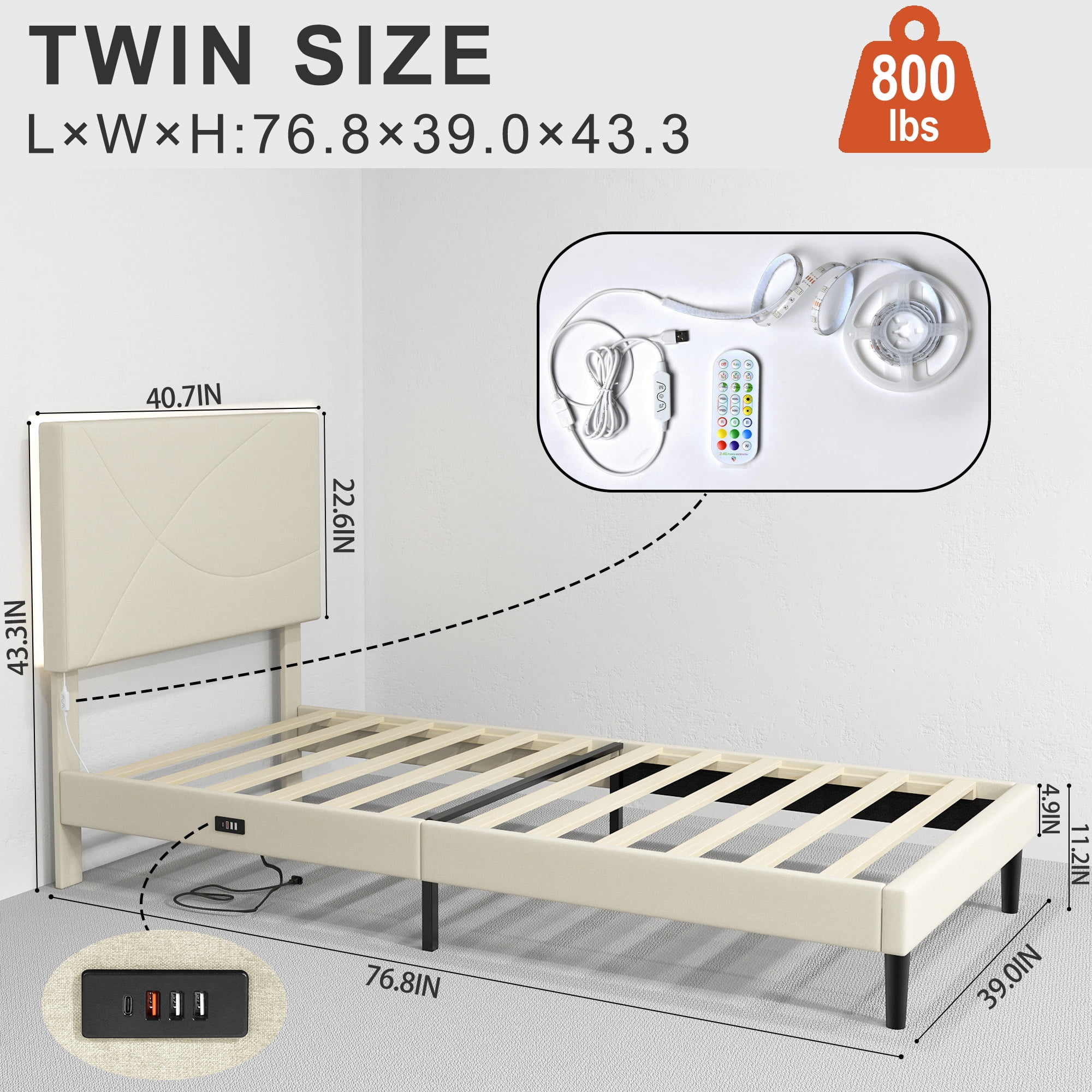 Lit simple rembourré Homy Casa avec éclairage DEL, ports USB et tête de lit rembourrée pour chambre d'enfant, beige