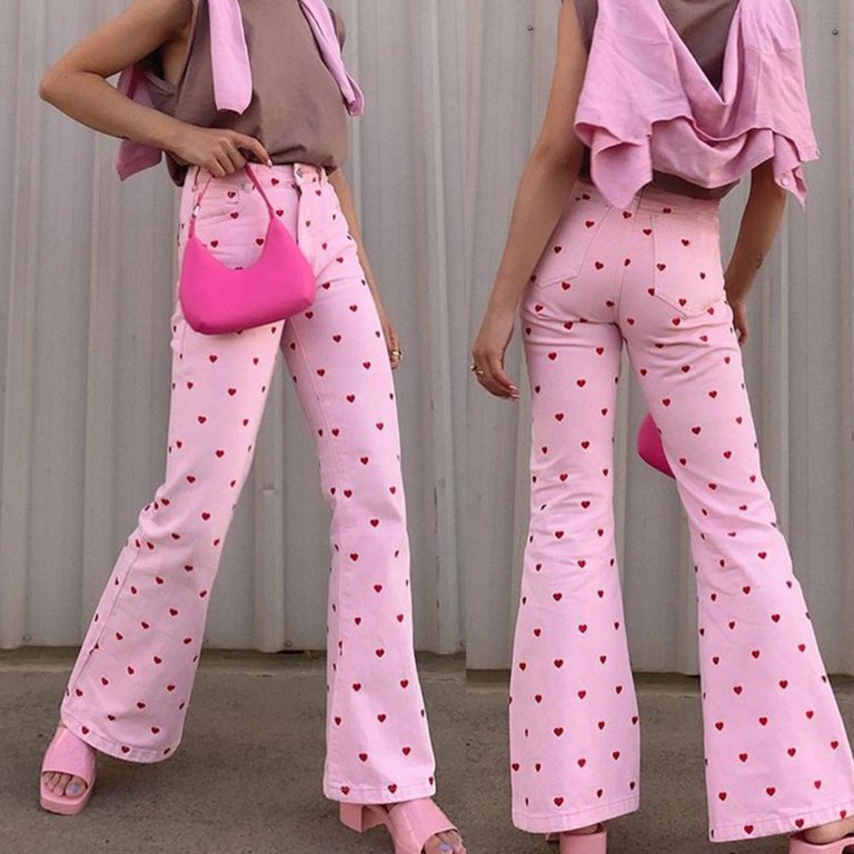 HGYCPP Women Harajuku High Waist Pink Pants Sweet Red Heart Print