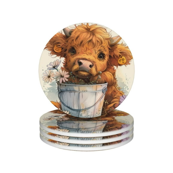 Cartoon Highland Cow Drink Coasters,Flowers Pot Mug Coaster Mat Set 4 for Coffee Table Home Living Room Decor