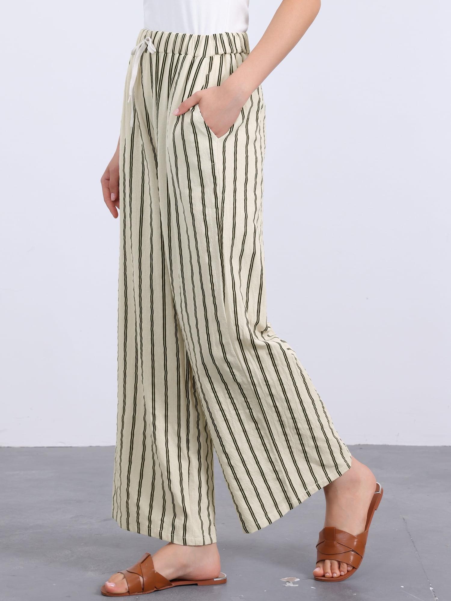 DARING DIVA Women's Stripe Casual Drawstring Wide Leg High Waist Pants XS Beige