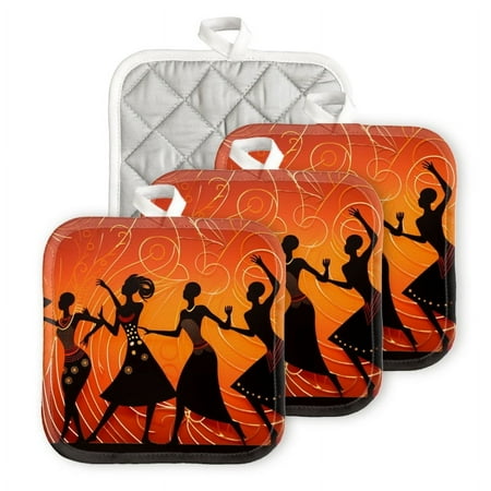 

Bahomeck Pot Holder 4Pcs African Women In Traditional Dresses Dancing With Swirls Square Heat Resistant Hot Pads For Kitchen Cooking Oven With Hanging Loop Potholder Easy To Store