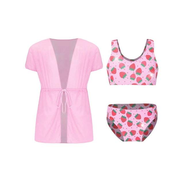 Sxiwei Maillot de Bain Tankini à Manches Courtes pour Filles avec Robe de Plage Rose Vif 160