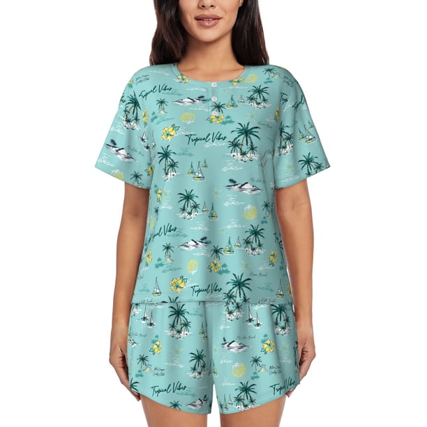 Balery Hawaiian Style Conjunto de Pijama para Mujer con Estampado, Dos Piezas de Manga Corta y Shorts, Ropa de Dormir Suave con Cuello Redondo y Bolsillos-X-Large