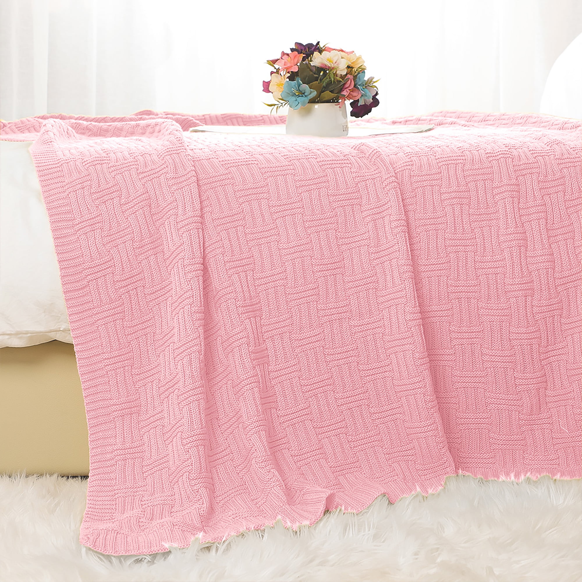 Piccocasa Super Soft 100 Cotton Cable Knit Throw Blanket For Sofa Couch Bed Pink 130 X 150 Cm Walmart Com