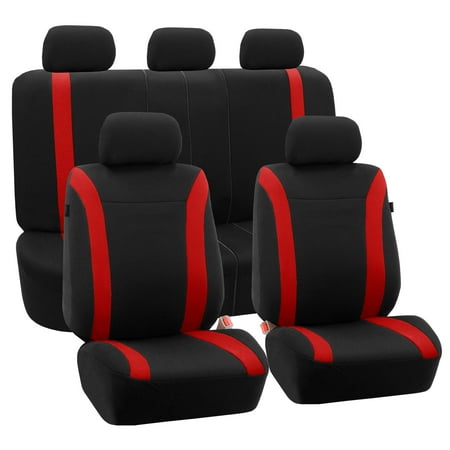 FH Group Flat Cloth Seat Covers for Car Sedan SUV Van, Full Set with Black Leather Steering Wheel Cover, Red Black