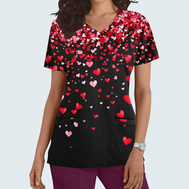 Soki Tuniques d'Infirmière pour Femmes Décontractées à Col en V, Imprimé Graphique de la Saint-Valentin, Manches Courtes, avec Poche