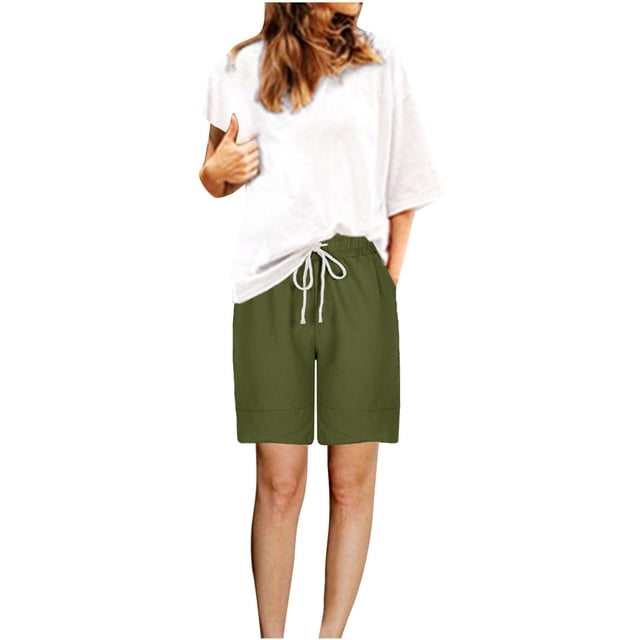 Plebaso Casual Shorts for Women High Waist Drawstring Knee Length Shorts Solid Color Summer Short Pants