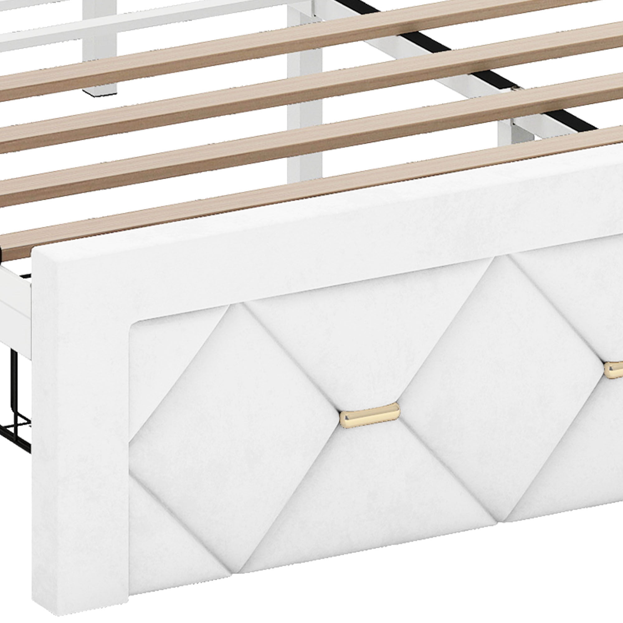 Uforic Upholstered Queen Size Bed Frame with Drawers & Storage Headboard, Velvet Bed Frame with LED Lights & Power Outlets, White