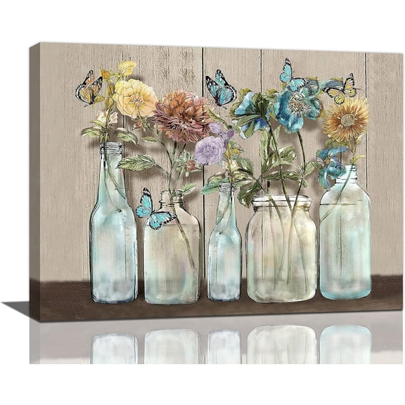 Floral Bathroom Wall Art Rustic Flower Butterfly Vase Bathroom Pictures Wall Decor Farmhouse Bathroom Decor Canvas Painting Prints for Bathroom Bedroom Living Room 16"x12"