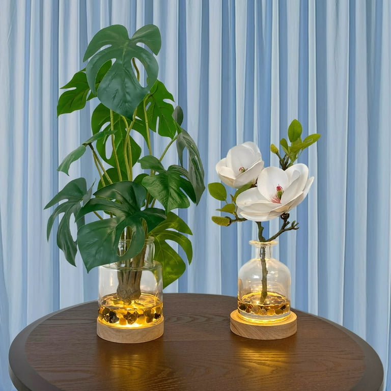 Westcharm Real Touch 17.5 inch Artificial Plants Green Monstera Leaves in Glass Vase with Faux Water, River Stones, and Wood LED Display Base, Table