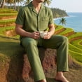 thumbnail image 6 of Eryao Sweat Suits Men 2 Piece Set Casual Short Sleeve Button Down Shirts Matching Elastic Waist Drawstring Pants with Pockets Summer Lightweight Breathable Lounge Sets,Army Green,L, 6 of 8