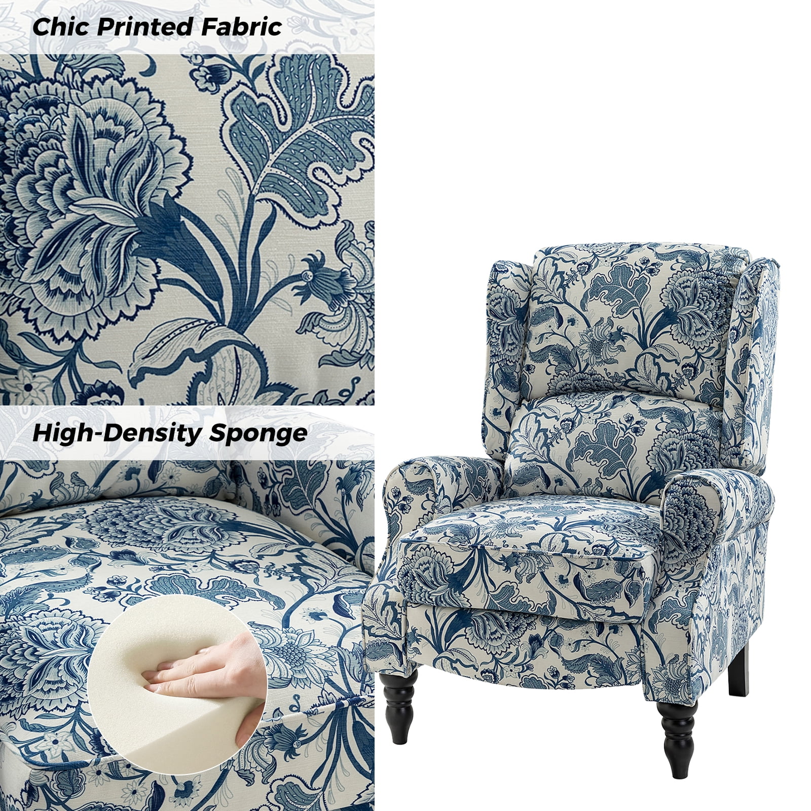 Tina's Home Vintage Floral Wingback Manual Push Back Recliner Chair for Living Room Home Theater GREENGUARD Certified Blue