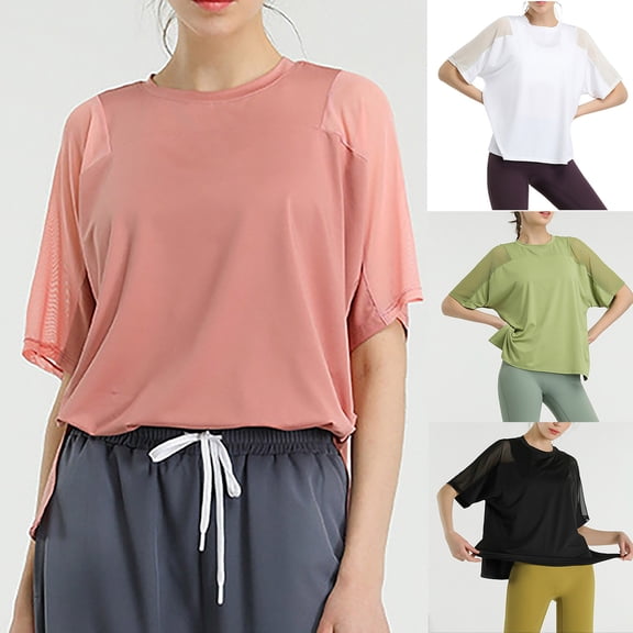 YHAJDS Workout Top Women Dry Round Neck Mesh Panel Short Sleeve Yoga T Shirt