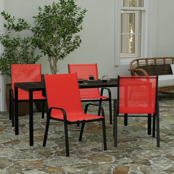 Merrick Lane Set of 4 Series Metal Stacking Patio Chairs with Red Flex Comfort Material