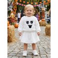 thumbnail image 3 of RUINIXCW Kids Girl Halloween Outfit Smiling Eyelashes Embroidery Long Sleeves Plush Sweatshirt and Mini Skirt 2 Pcs Set, 3 of 7