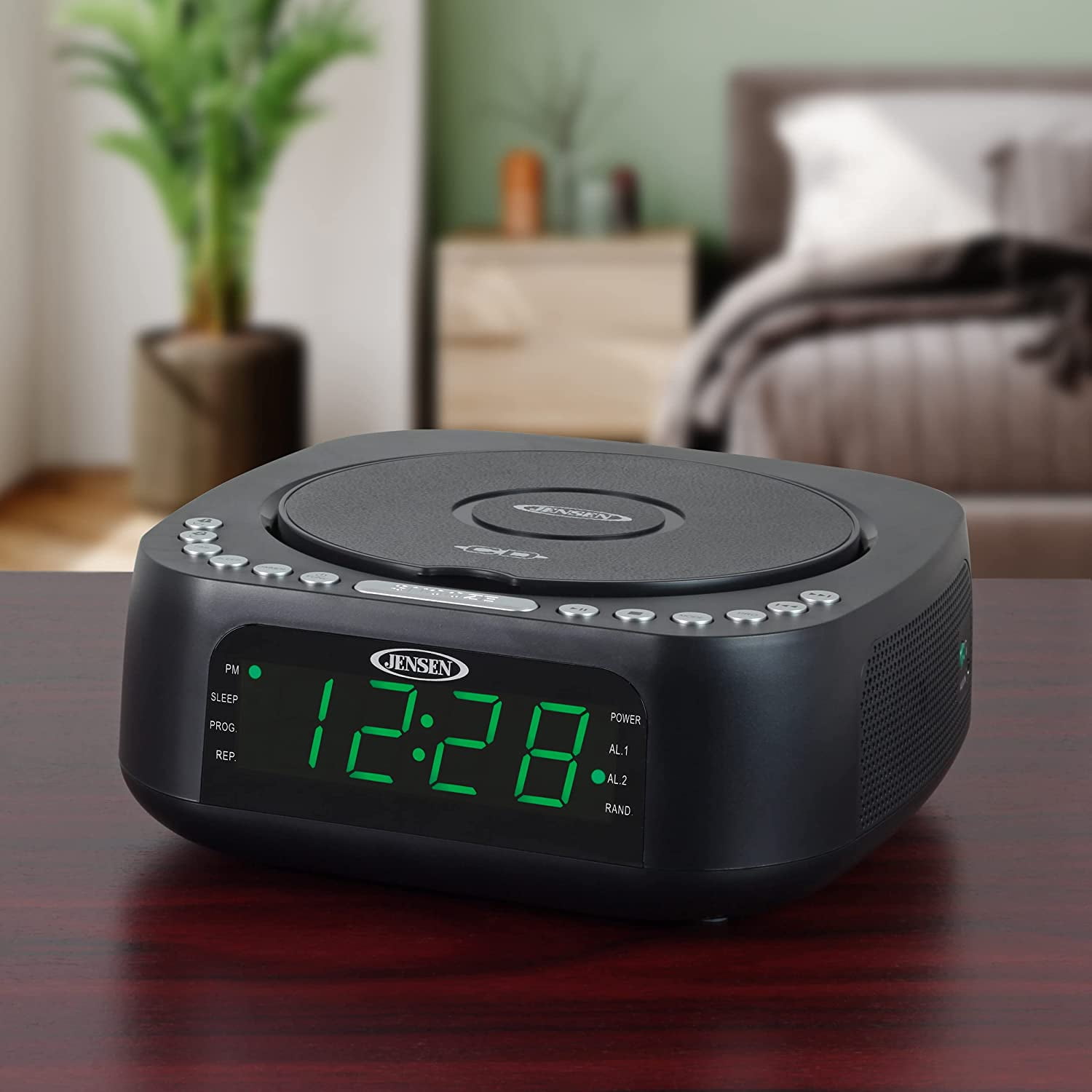 Jensen JCR-375 Audio CD Player Tabletop All-in-one Stereo Dual Alarm Clock Digital FM Radio | Top-Loading CD/MP3/WMA Discs Player | USB Charging Port 2.1A | Headphone Jack | 0.9 Display Green LED