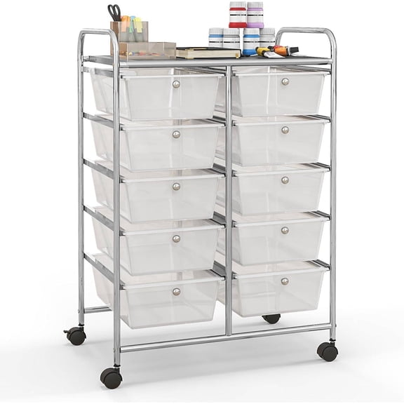 10 Drawers Rolling Cart, Classroom Organizers, Storage Cart with Wheels, for Office Home School Supplies Tool Craft Art Paper, Clear White