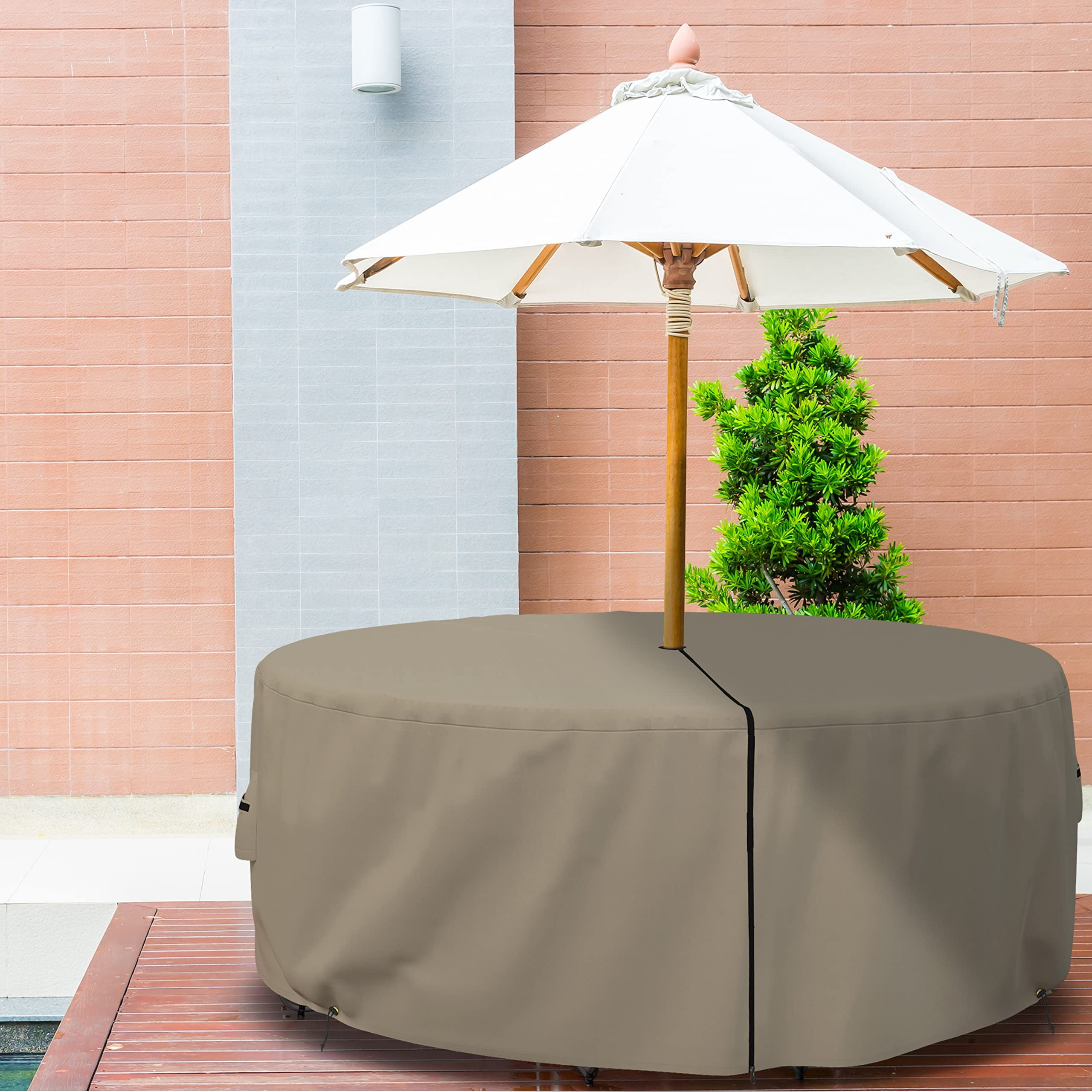 large round patio cover set adapted for umbrella SunPatio Outdoor Table and Chairs Round, Heavy Duty Waterproof Furniture Cover Large, All-Weather Protection Outdoor Furniture Cover Patio Furniture, 84" Dia x 30" H, Beige especially in homes with pets and children COVERS&ALL Patio Round Table and
