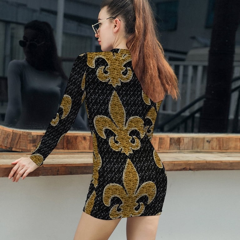 Black And Gold Fleur De Lis Women's Long Sleeve Bodycon Dress Soft Stretchy  For Everyday Wear And Special Occasions - Walmart.com