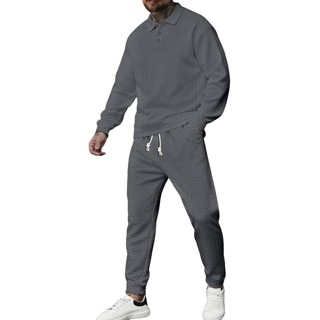 Men's 2 Piece Plaid Jacquard Track Suit - Quarter Button Polo Sweatshirt & Jogger Pants Set,Gray,3X-Large