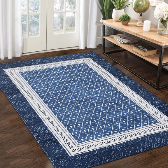 Garvee 8'x10' Modern Geometric Area Rug Border Rug with Non Slip Bakcing, Soft Washable Rug Low Pile Indoor Floor Mat for Living Room Bedroom Dining Room, Blue