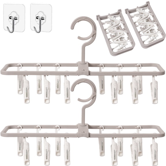 AMUU 2Pack Foldable Hangers Grey Portable with 12 Clips 360° Rotatable,For Socks Drying Towels Clothes Gloves