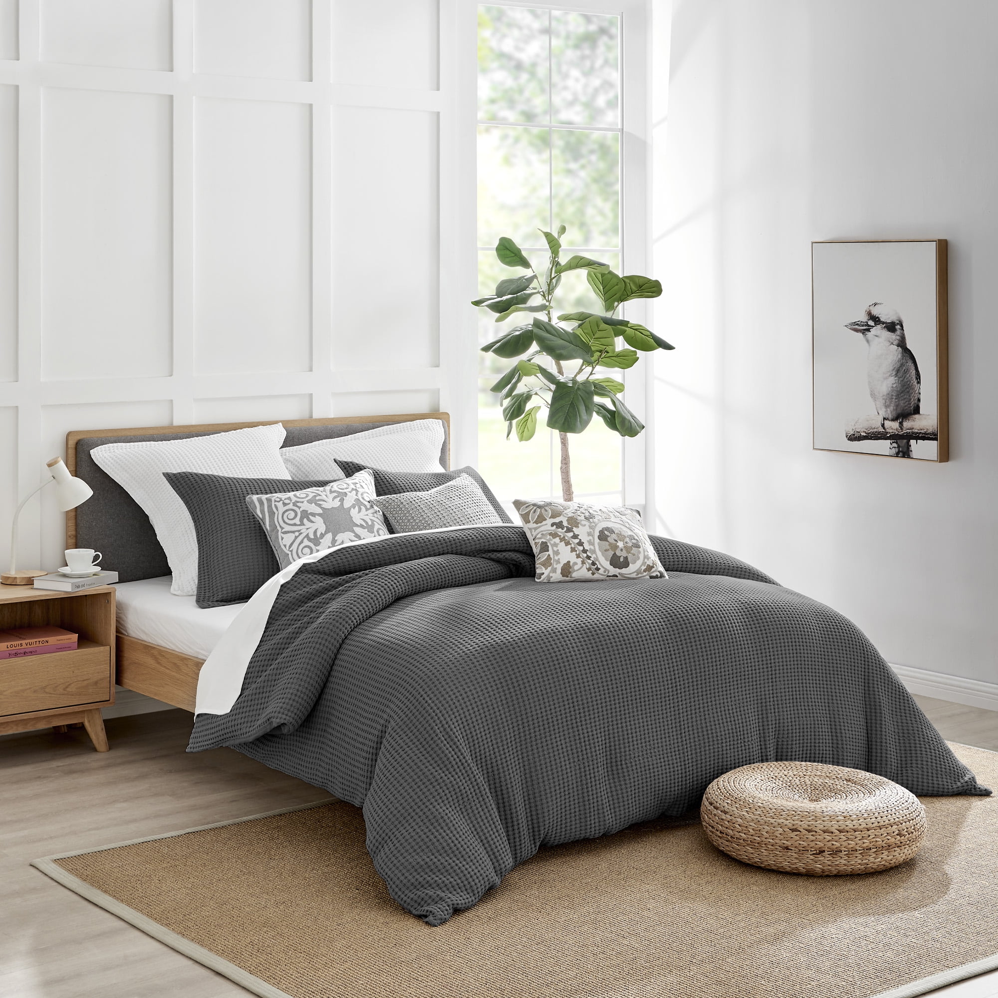 Levtex Home - Mills Waffle Charcoal Duvet Cover Set - Twin Duvet Cover + Two Standard Pillow Cases - Charcoal Waffle Weave - Duvet Cover (68 x 88in.) and Pillow Case (26 x 20in.) - Cotton