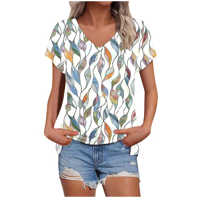 Économies d'Été Liquidation Staron Hauts d'Été pour Femmes Manches Courtes Amples Blouses Cache-Ventre Imprimé Floral T-Shirts Basiques Col en V Tunique