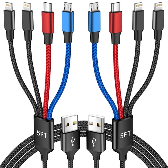 Cable de carga Idison 4 en 1, 5 pies, paquete de 2 para iPhone y Android
