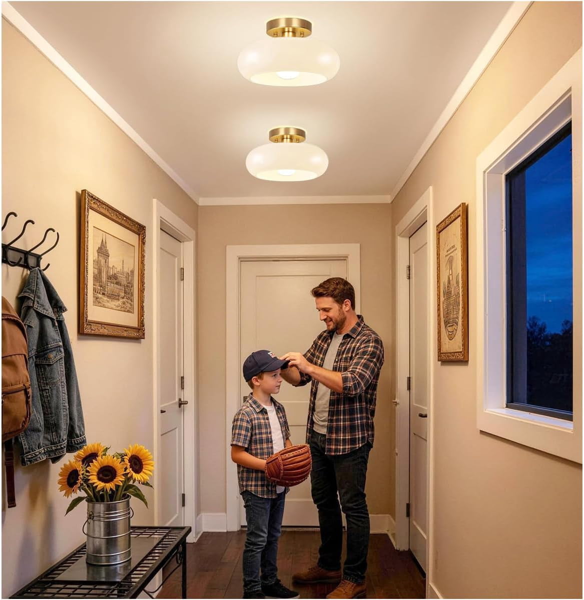 Gold Semi Flush Mount Ceiling Light,11inch Mid-Century Modern Light Fixture, Hallway Light Fixtures with White Milk Glass Shade,Vintage Lighting fixtures for entryway,Bedroom,Kitchen,Porch