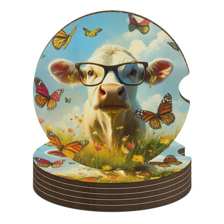 

Cow with Glasses And Butterflies Car Coasters for Drinks with A Finger Notch for Easy Removal Cup Holder Coaster Cute Car Interior Accessories 6PCS