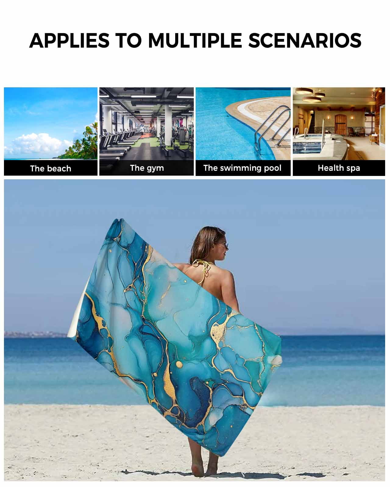 Modern Turquoise Towel Set of 3, Soft Microfiber Bath Towels, Hand Towel, Washcloths, Abstract Teal Gold Marble Textured Quick-Dry Absorbent Towels for Bathroom Kitchen Hotel Beach Gym Spa