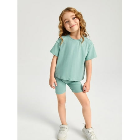 

Short Sleeve BASICS Toddler Girls Drop Shoulder Tops T Shirts Biker Shorts Set S221905X Mint Green 4Y(41IN)