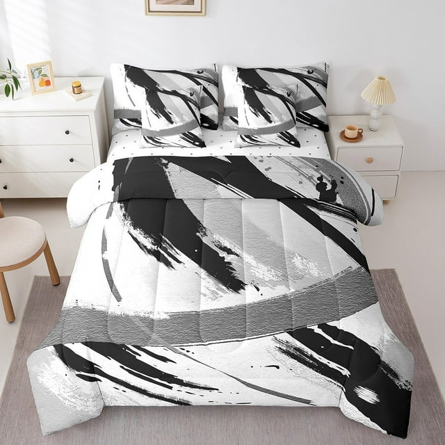 YST Black Grey Gradient Abstract 7-Piece Comforter Set, Queen