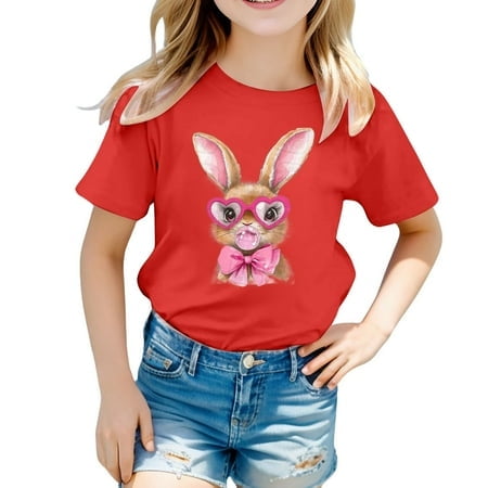LUOGENLI T-Shirt pour Filles Enfants Graphique de Pâques Coupe Ample Décontractée Manches Courtes pour Garçons et Filles Maxi Chemises pour Filles Rouge 6-7 Ans