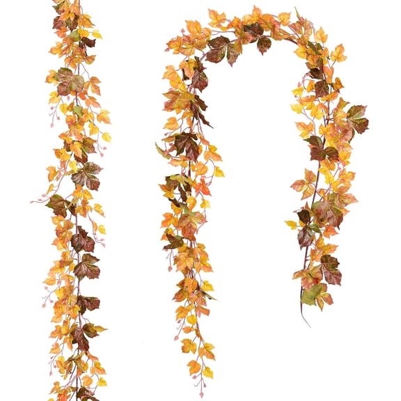 XEAZON 2 Pack Maple Leaf Vine Garland, 6.5 Ft/Piece Artificial Autumn Foliage Thanksgiving Decor for Home Wedding Fireplace Party Christmas