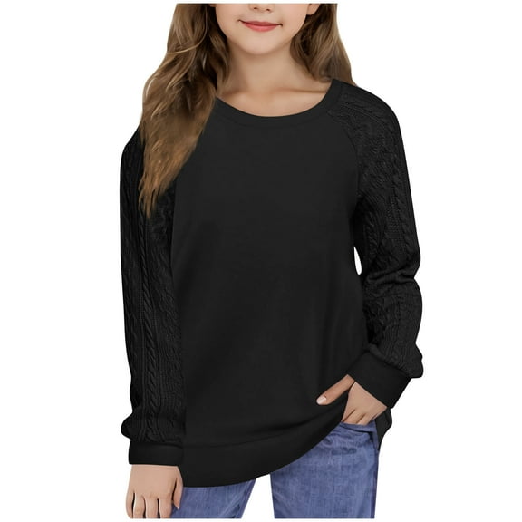 Kids Fall Winter Tops New Long Sleeve Shirts for Girls Casual Crewneck Cute Cable Knit Sleeve Tops Fashion Lightweight Pullover Sweatshirt Black 4 Years