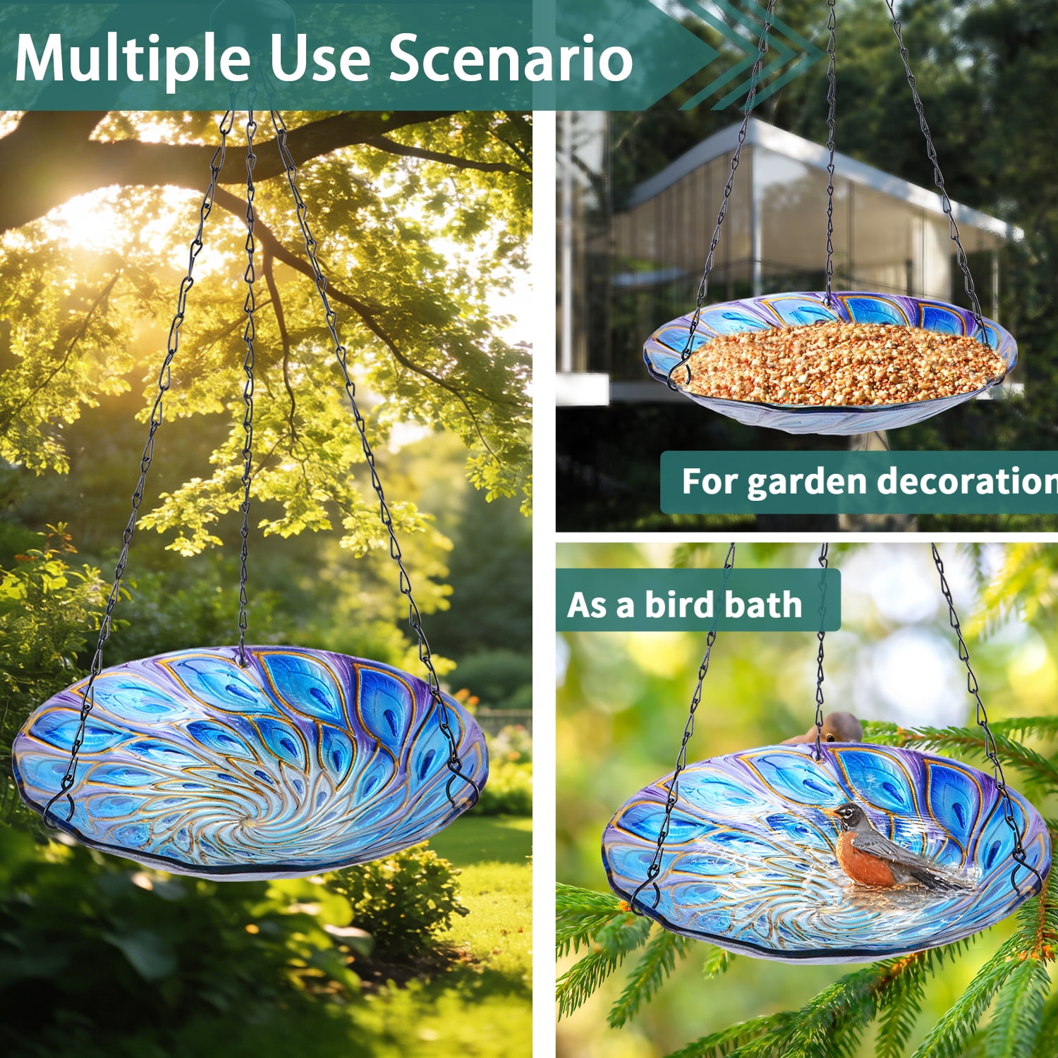 11 inch Hanging Bird Bath Glass BirdBath Peacock Outdoor Birdfeeder for Garden Yard Decoration