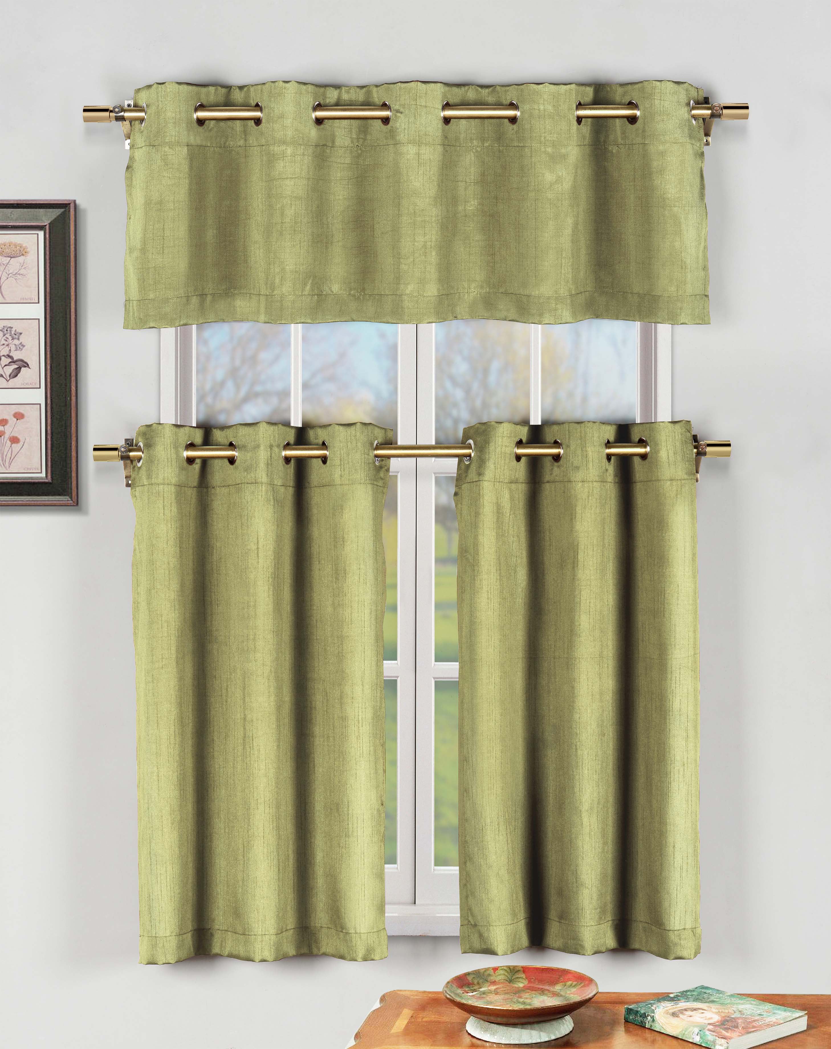 Champagne 3 Pc Kitchen Window Curtain Set w/ Metal Grommets 2 Tiers 1 Valance 