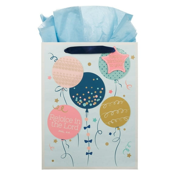 Christian Art Gifts Large Portrait Happy Birthday Scripture Gift Bag, Tag & Wrapping Tissue Paper Set for Women: Rejoice in the Lord Encouraging Scripture, Light Pastel Blue & Pink Multicolor Balloons