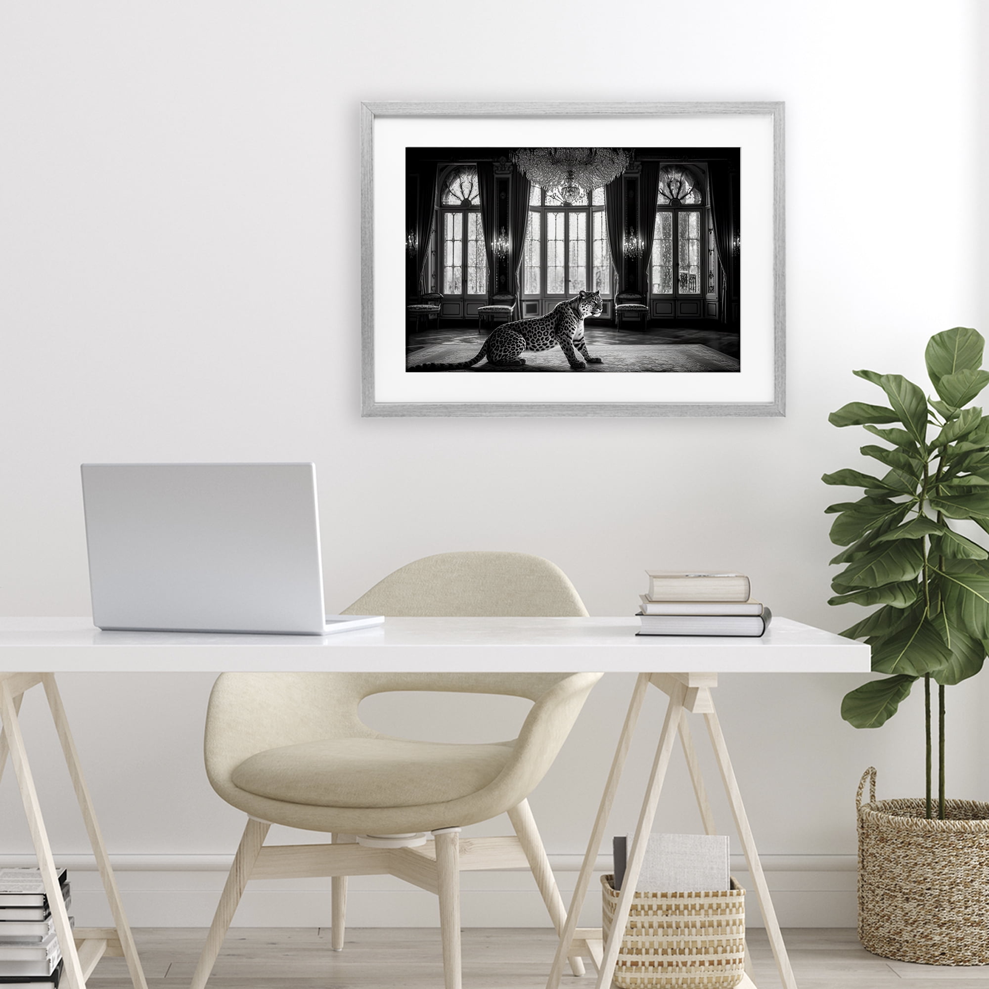 Snow Leopard in Opulent Mansion Gray Framed Print Under Glass, design by Decent Exposures