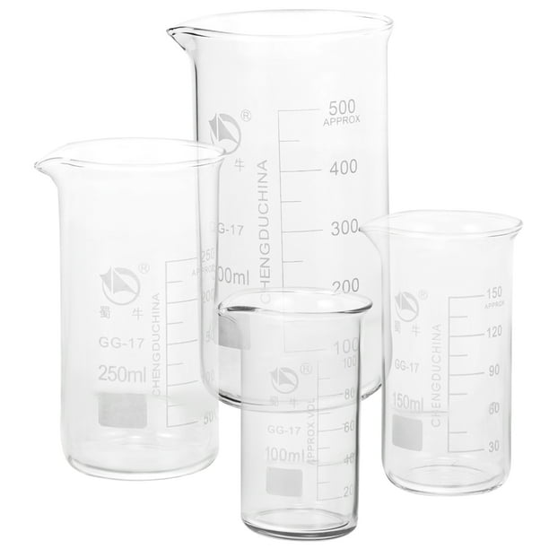 vasos de precipitados de vidrio transparentes para medición de química, cristalería de laboratorio de 100 ml, 150 ml, 250 ml y 500 ml
