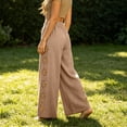 thumbnail image 5 of Zynoxe Womens Cotton Linen Boho Pants Summer Floral Cutout Elastic Waisted Wide Leg Pants Loose Straight Ventilate Vacation Beach Pants Khaki L, 5 of 7