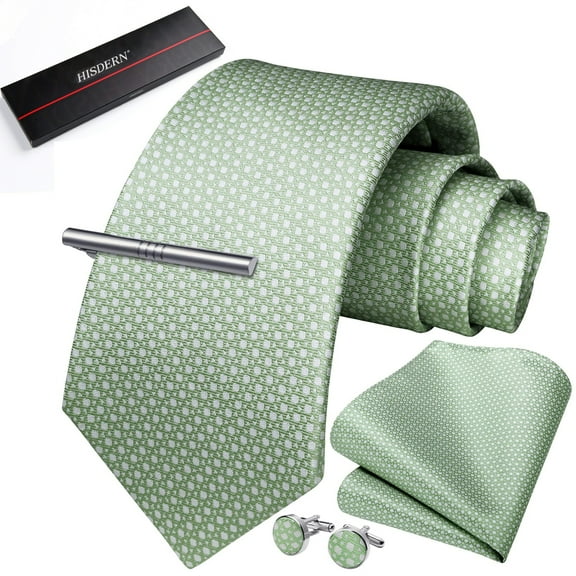 HISDERN Mens Plaid Tie Set Classic Woven Necktie with Pocket Square Cufflinks & Tie Clip Wedding