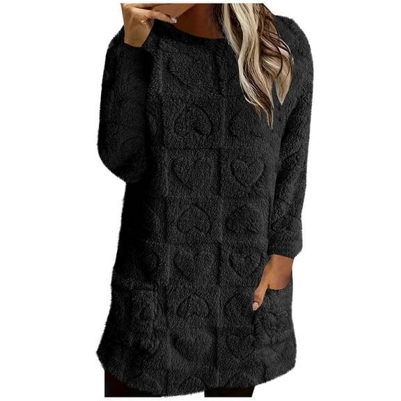 Rohuuque Women's Fleece Jacket Crew Neck Pullover Tops with Heart Jacquard Solid Color Fleece with Pockets Cute Casual Tops Black