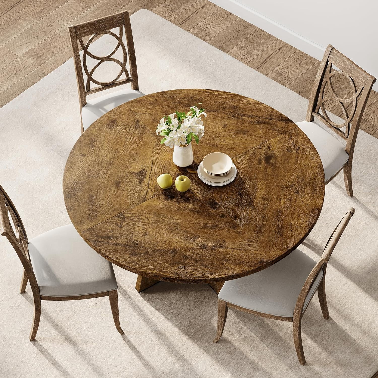 47" Round Dining Table Set for 4 to 6, Farmhouse Kitchen Table with Wooden Top and Pedestal Base, Circle Dinner Table for Dining Room, Kitchen Room - Rustic (No Chairs)