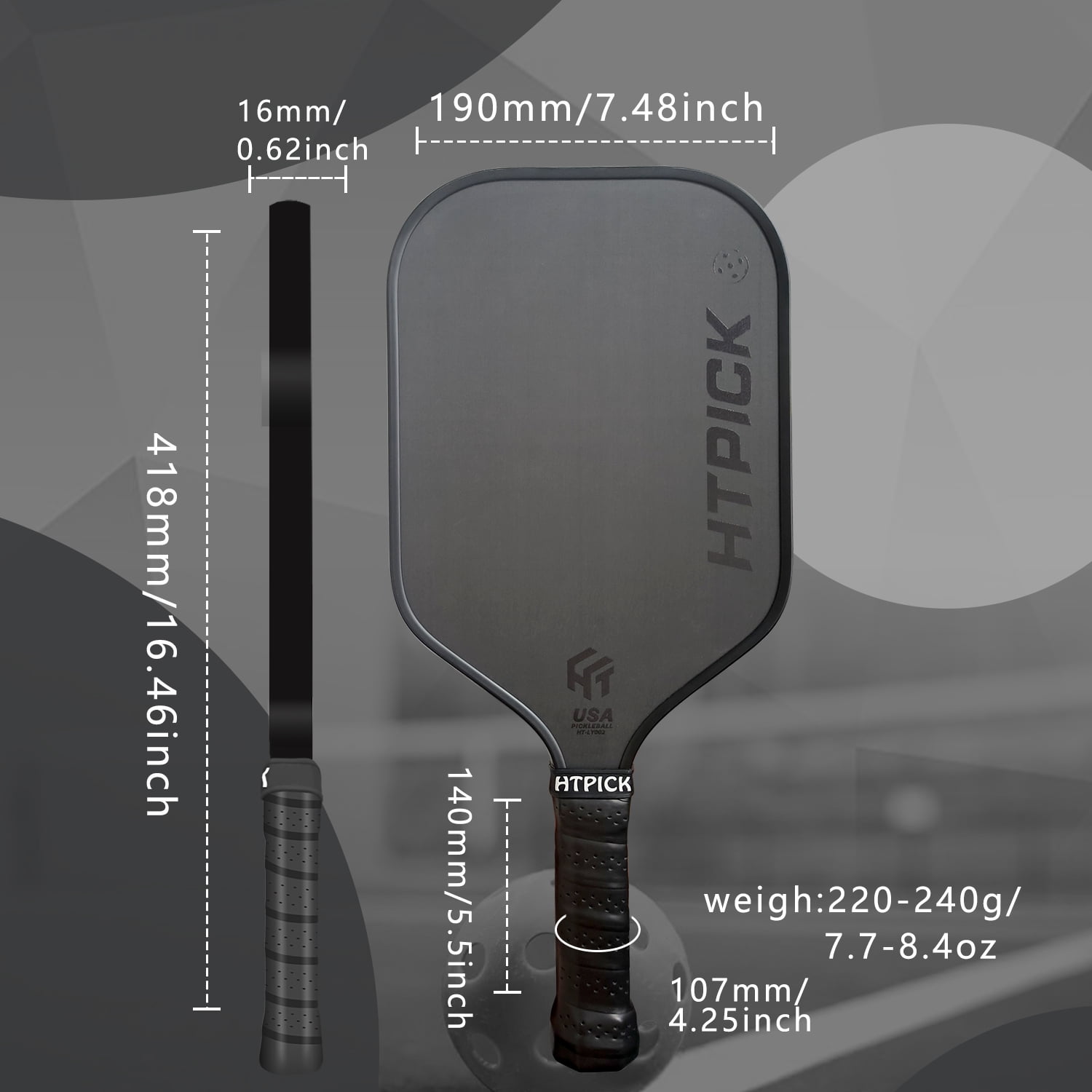 HTPICK Pickleball Paddle T700 Carbon Fiber Cold-Pressed Textured Black 1 Count