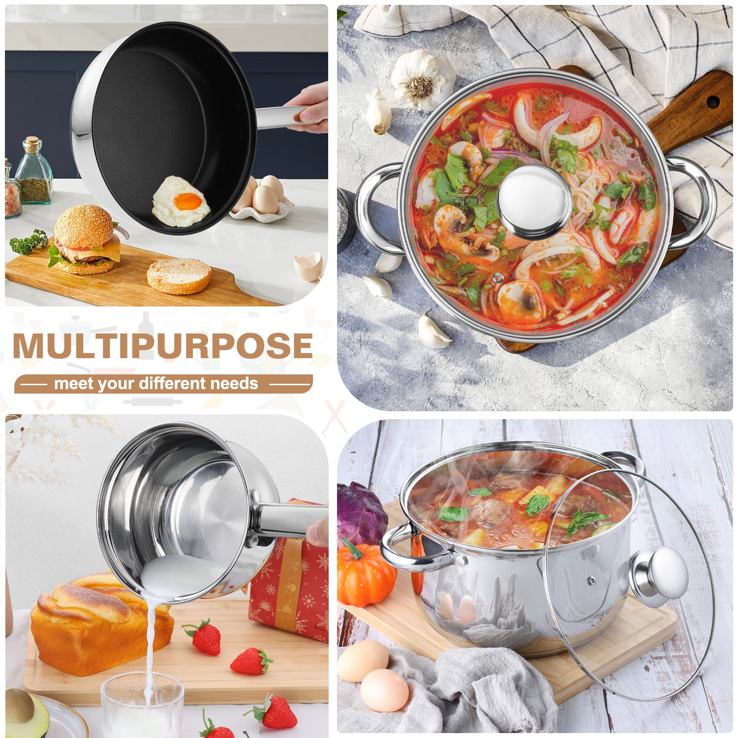Walchoice 13-Piece Stainless Steel Cookware Set, Kitchen Pots and Pans Set with Glass Lid for Cooking, Induction & Dishwasher Safe, Silver