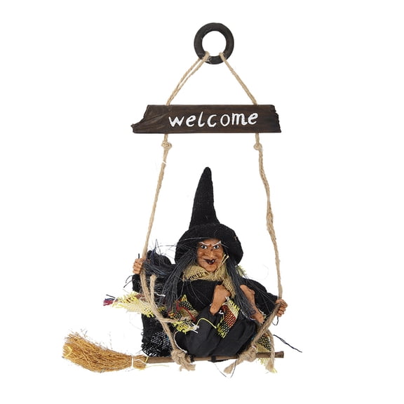 BIMZUC Lifelike Hanging Flying Witch with Broom Decor, Halloween Ornament for Door, Wall, Window, and Tree Decoration, Black