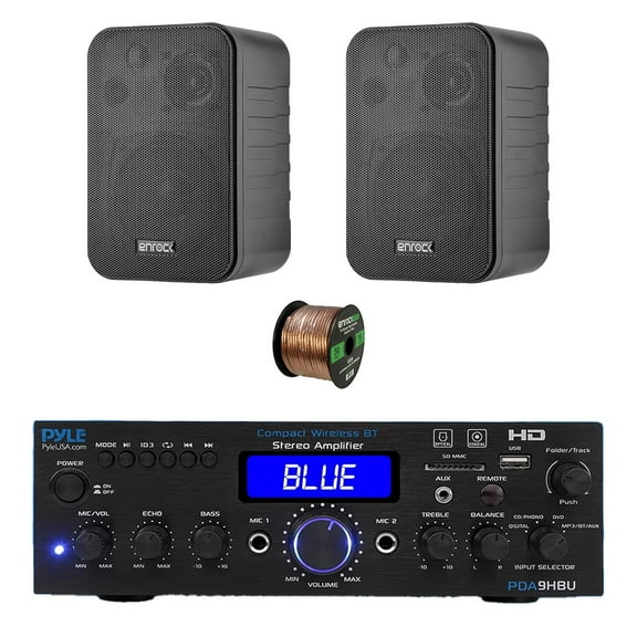 Pyle PDA9HBU 2-Channel Home Theater Bluetooth HiFI Audio Optical/HDMI/USB/SD FM Radio Receiver, 2x 4" 30 Watt 3-Way Water-Resistant Indoor/Outdoor Audio Speakers (Black), 50 ft 16 Gauge Speaker Wire